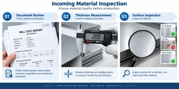 Sheet metal incoming inspection showing material certificate verification, thickness measurement, and surface condition check