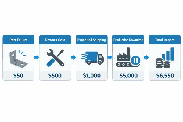 Cost cascade diagram showing how a 50 n o n c o n f o r m i n g s h e e t m e t a l p a r t c r e a t e s 50nonconformingsheetmetalpartcreates6,550 total impact through rework, shipping, and downtime