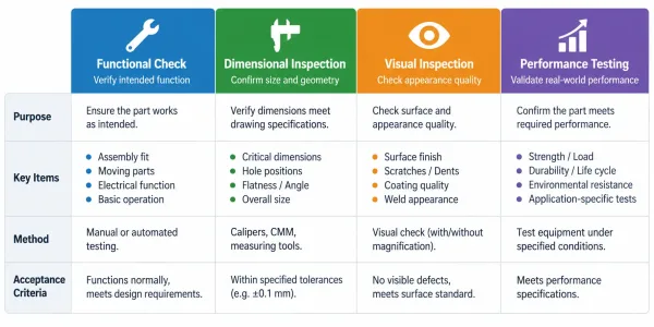 Infographic table comparing functional check with dimensional inspection, visual inspection, and performance testing