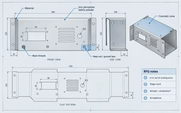 Sheet metal enclosure drawing notes for iron phosphate pretreatment and mask faces