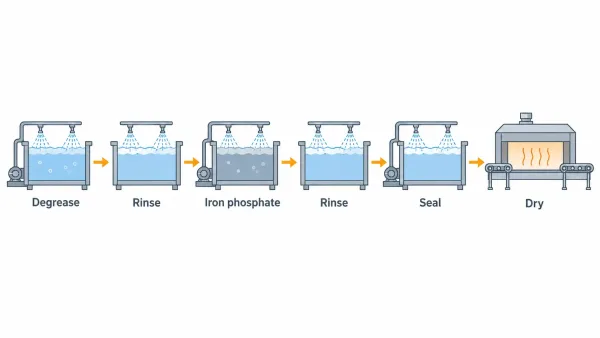 Typical multi-stage iron phosphate pretreatment sequence for steel enclosures