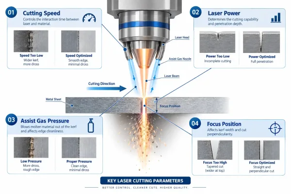 Diagram showing key laser cutting parameters including cutting speed, laser power, assist gas pressure, and focus position with their effects on cut quality