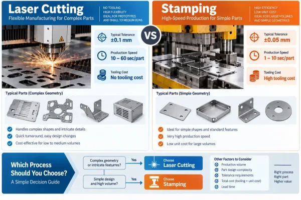 Side-by-side comparison of laser cutting and stamping processes showing different output characteristics