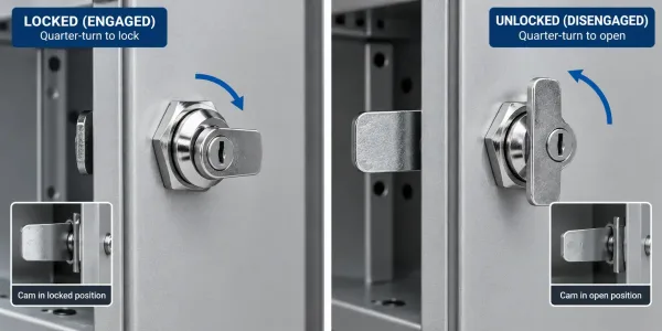 Cam lock latch mechanism on sheet metal enclosure shown in engaged and disengaged positions for functional check