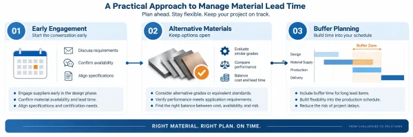 Infographic summarizing three key strategies for managing special material lead times