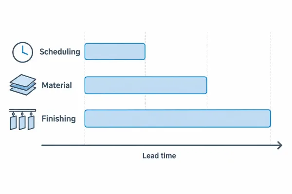 Timeline diagram showing how scheduling, material, and finishing drive lead time
