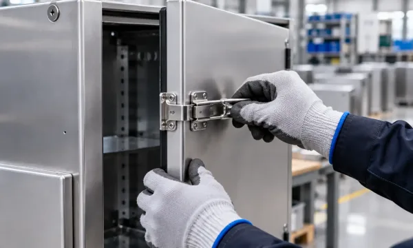 Gloved hands manually testing the latching action of a sheet metal enclosure door during functional check