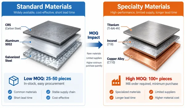 Vergleichsdiagramm, das zeigt, wie Standard- vs. Spezialmaterialien die MOQ-Schwellenwerte beeinflussen