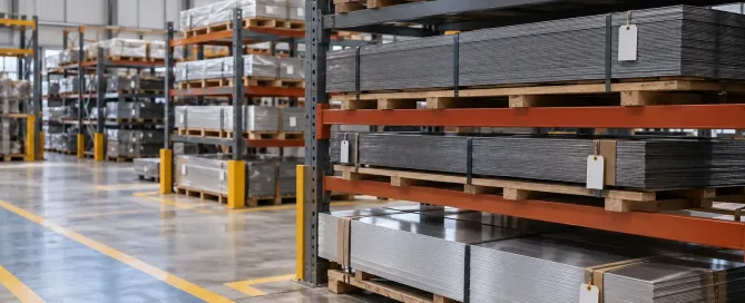 Sheet metal bundles tagged as material lots on warehouse racks