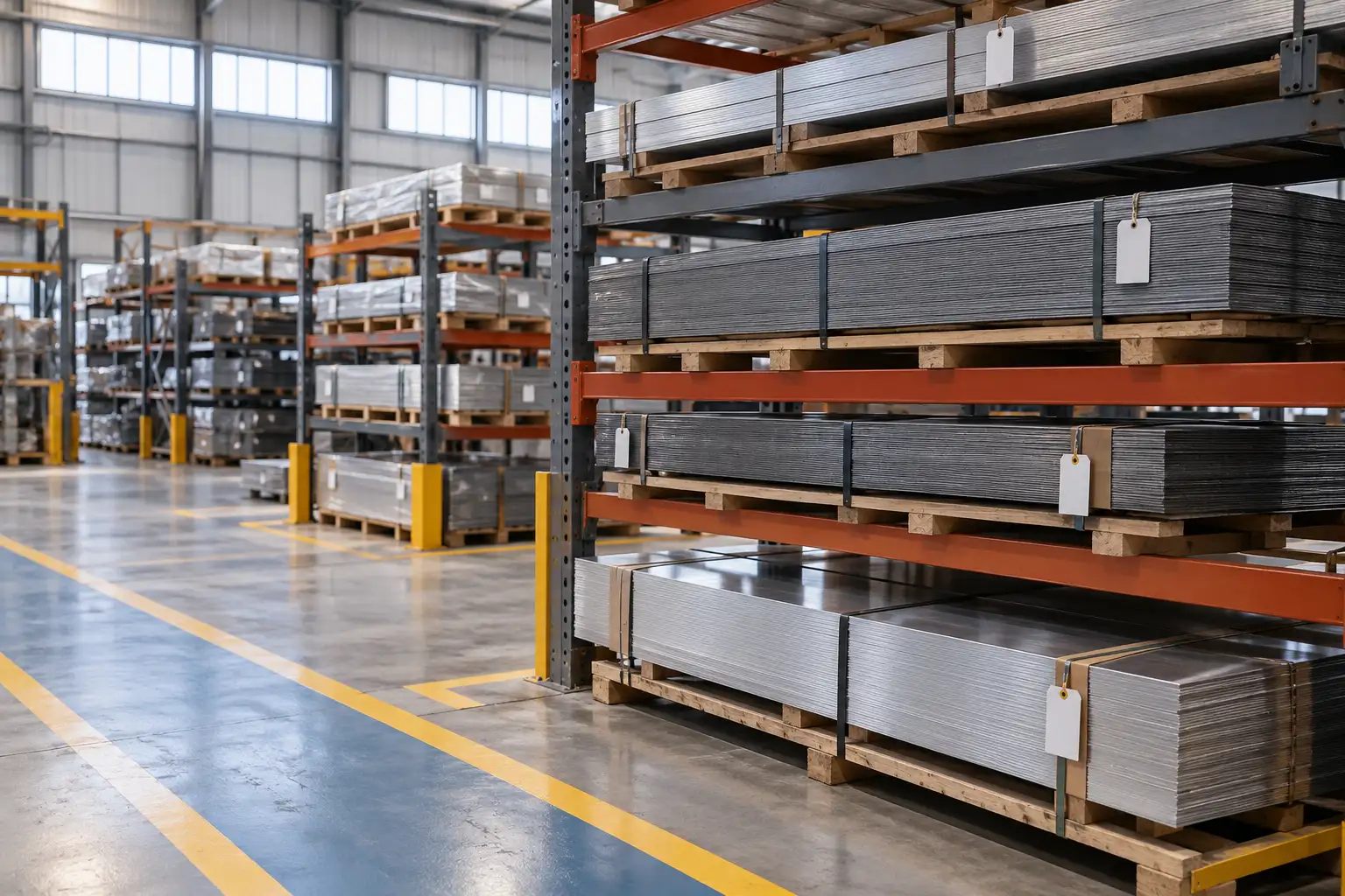 Sheet metal bundles tagged as material lots on warehouse racks