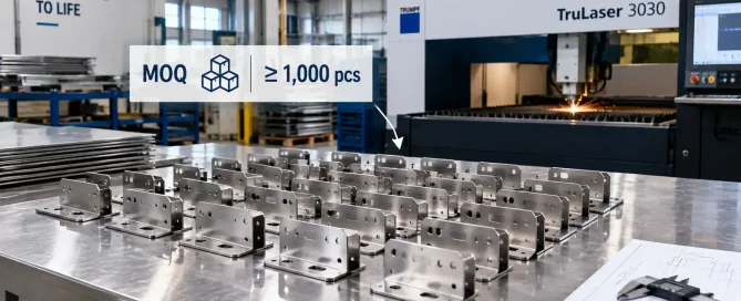 Minimum order quantity concept showing sheet metal parts with MOQ threshold indicator