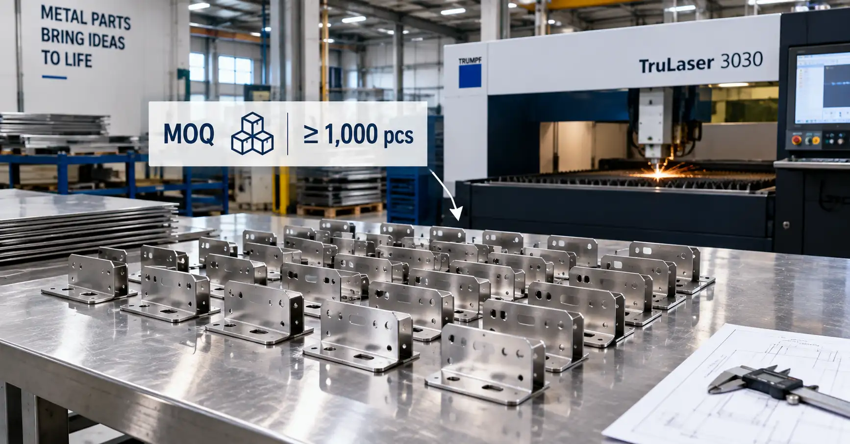 Minimum order quantity concept showing sheet metal parts with MOQ threshold indicator