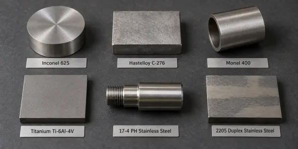 Array of specialty alloy metal samples including Inconel, titanium, Hastelloy, and duplex stainless steel