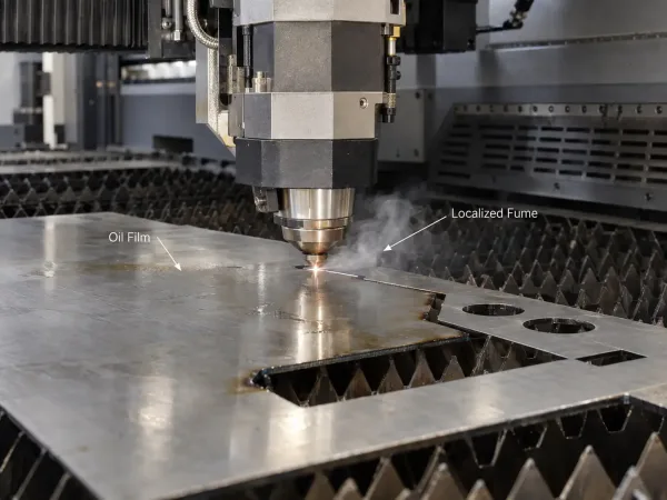 Oiled sheet metal producing smoke during fiber laser cutting