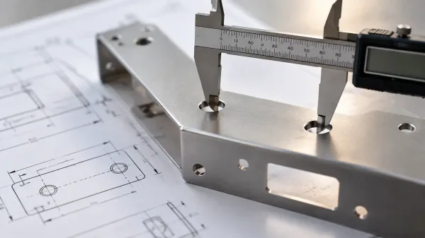 Close-up of digital calipers measuring a hole position on a sheet metal sample laid over an engineering drawing