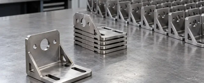 Laser-cut sheet metal brackets arranged in three groups of different quantities on a workshop table