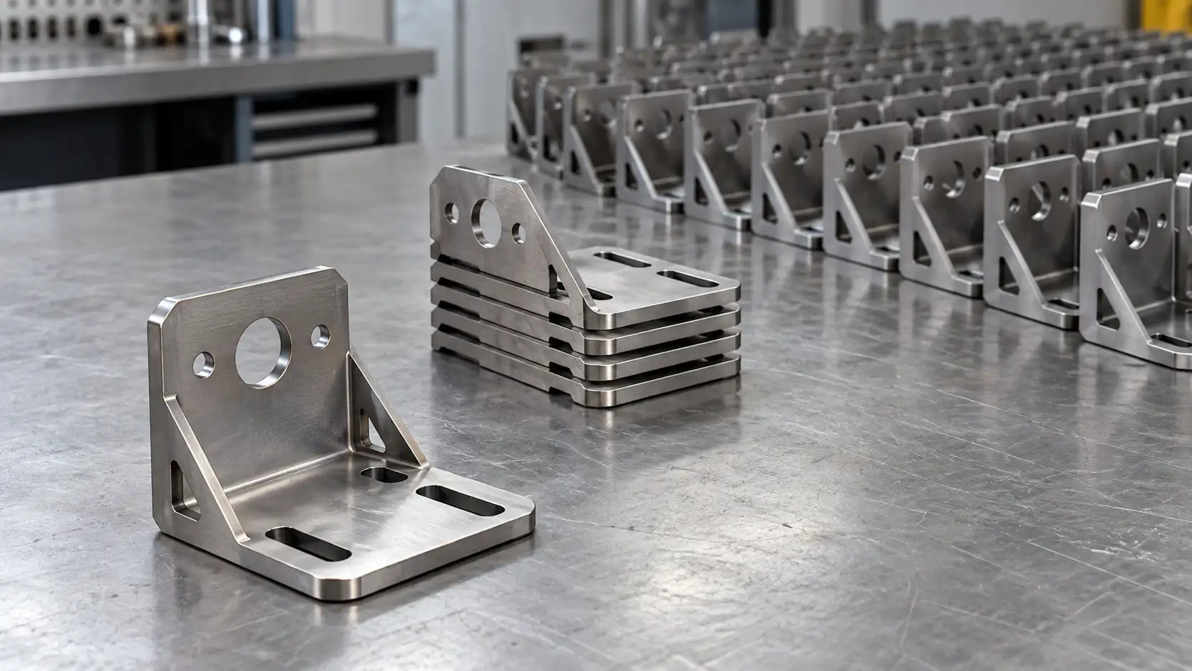 Laser-cut sheet metal brackets arranged in three groups of different quantities on a workshop table