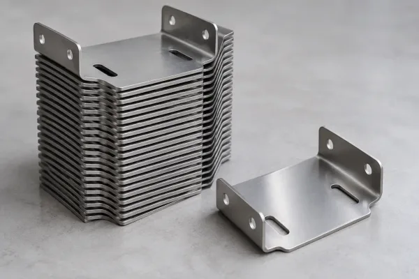 A neat stack of identical formed sheet metal brackets representing one purchase order release