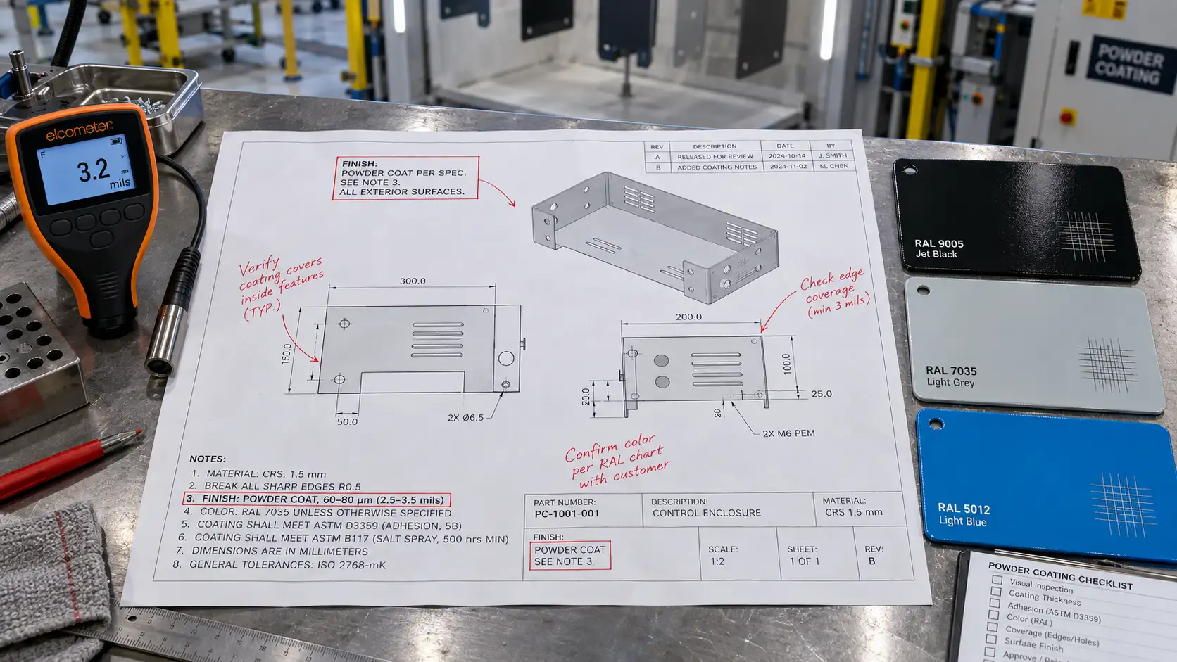 Engineer reviewing powder coating specifications on sheet metal drawing with coating thickness gauge and test samples