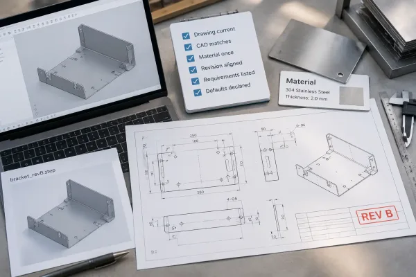 Pre-RFQ self-check checklist for drawing, CAD, material, revision, requirements, and defaults