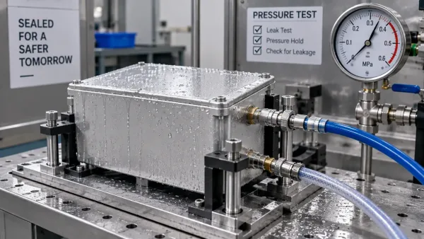 Sheet metal enclosure undergoing pressure leak test in a test fixture with pressure gauge and water droplets