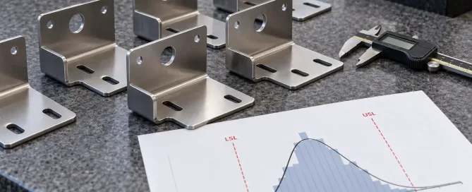 Sheet metal brackets beside a histogram chart showing part dimensions sitting between LSL and USL