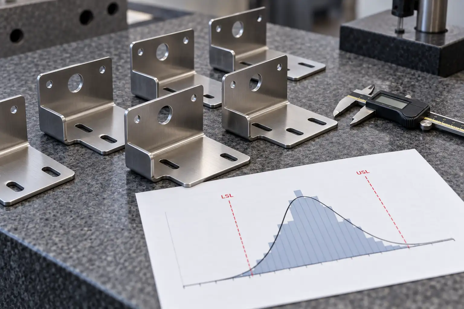 Sheet metal brackets beside a histogram chart showing part dimensions sitting between LSL and USL