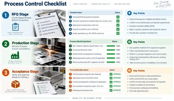 Visual representation of process control checklist items for RFQ, production, and acceptance stages