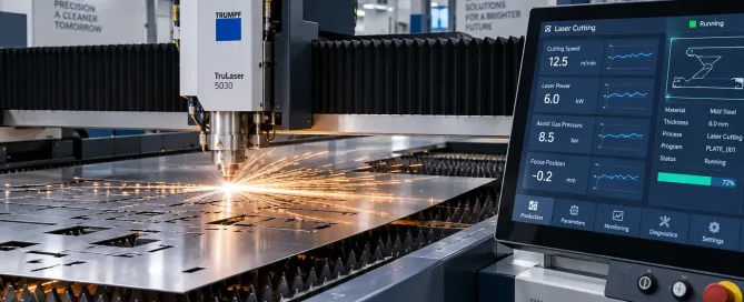 Laser cutting machine with real-time parameter monitoring display showing cutting speed, power, and gas pressure controls in a sheet metal fabrication facility