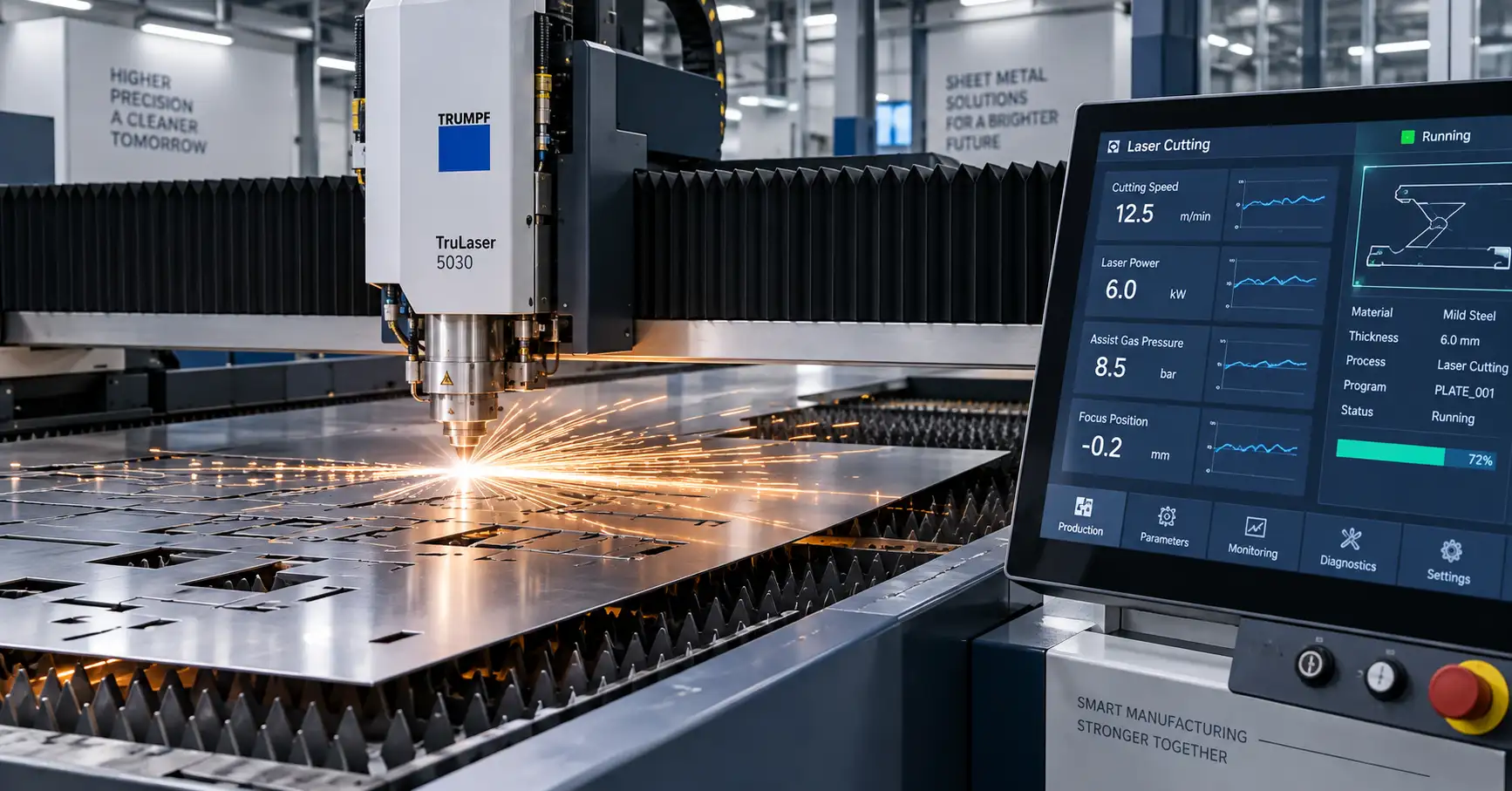 Laser cutting machine with real-time parameter monitoring display showing cutting speed, power, and gas pressure controls in a sheet metal fabrication facility