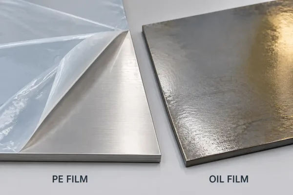 PE protective film peeling from stainless sheet next to lightly oiled carbon steel