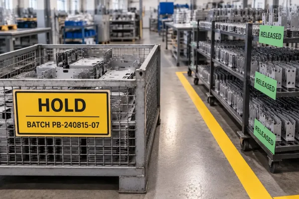 Traceability chain from raw material lot to shipment for a sheet metal production batch