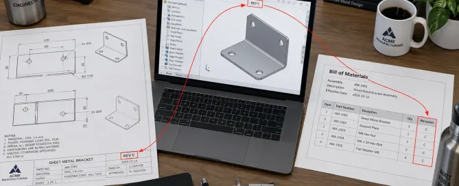 Engineering workstation showing coordinated revision control across 2D drawings, 3D CAD models, and BOM documents for sheet metal fabrication