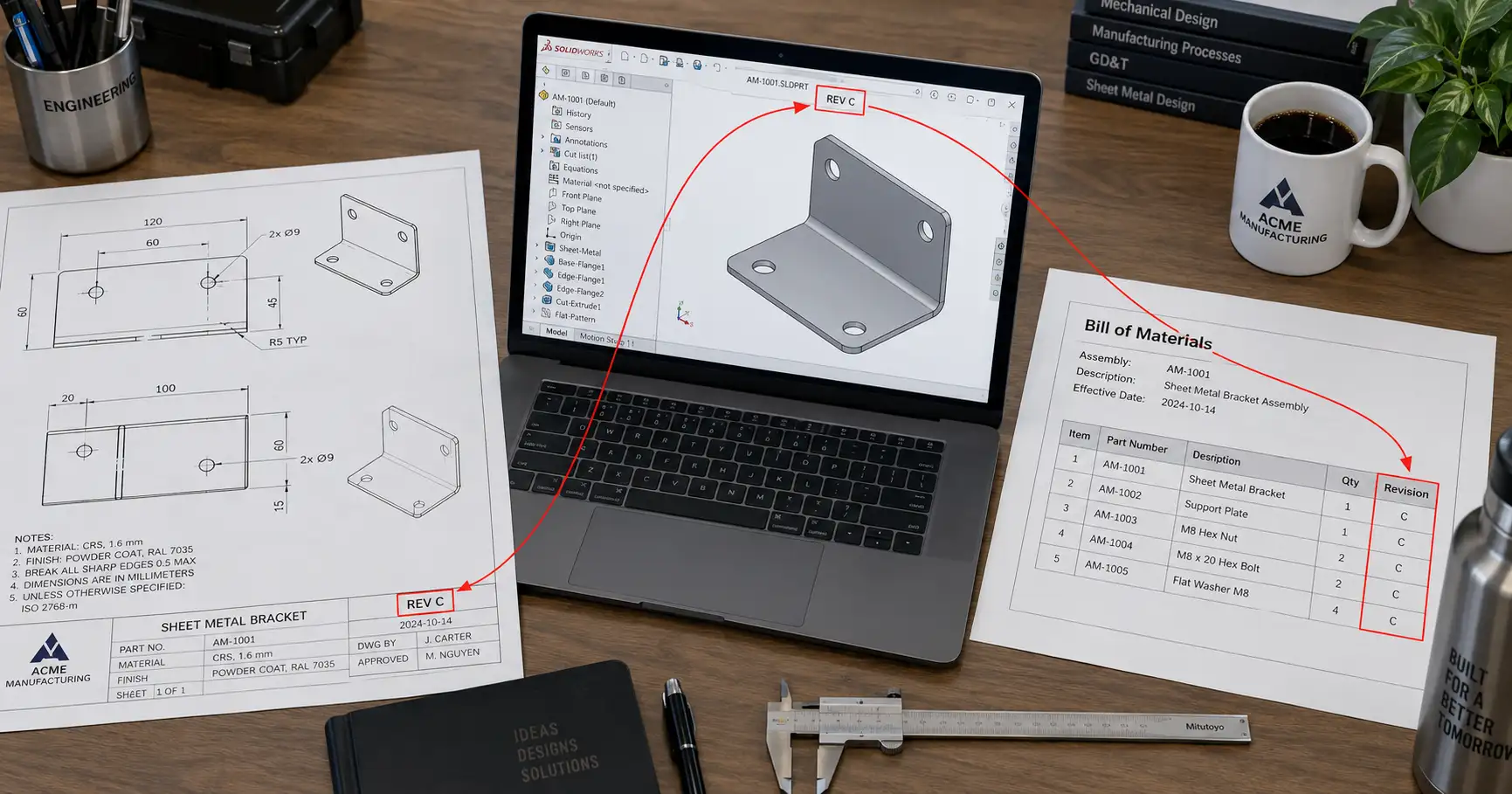 Engineering workstation showing coordinated revision control across 2D drawings, 3D CAD models, and BOM documents for sheet metal fabrication