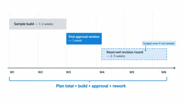Bar-style project schedule showing sample build, first approval window, and one reserved revision round on a single timeline