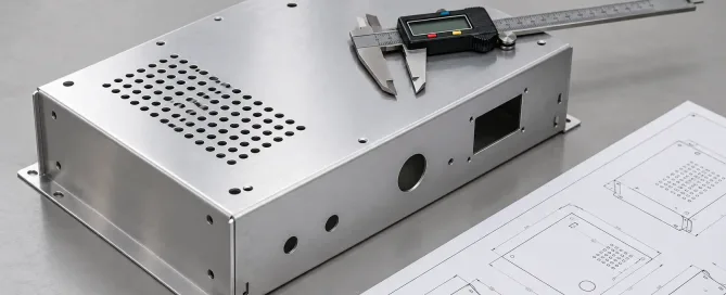 Precision sheet metal enclosure prototype on an inspection bench with digital calipers and an engineering drawing