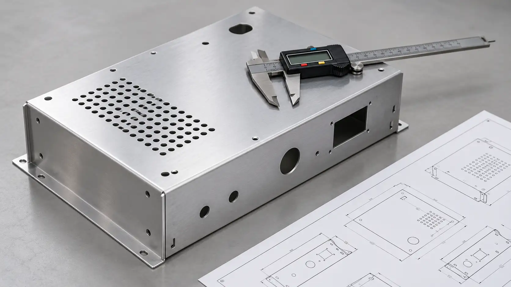 Precision sheet metal enclosure prototype on an inspection bench with digital calipers and an engineering drawing
