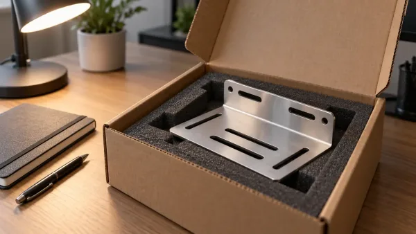 Unpacked sheet metal sample resting in a foam-lined shipping box on an office desk, waiting for buyer review