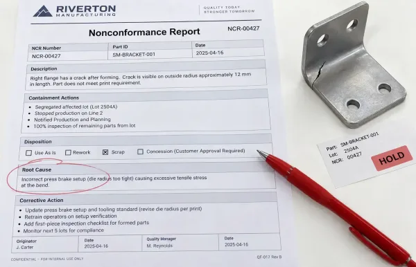 Sample Nonconformance Report document for sheet metal parts showing key sections including part identification, description, containment, and corrective action fields