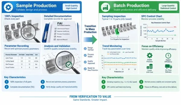 Comparison diagram showing process control differences between sample production and batch production stages