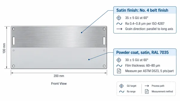 Engineering drawing callout example showing how to specify satin finish with GU target, Ra range, process path, and measurement standard