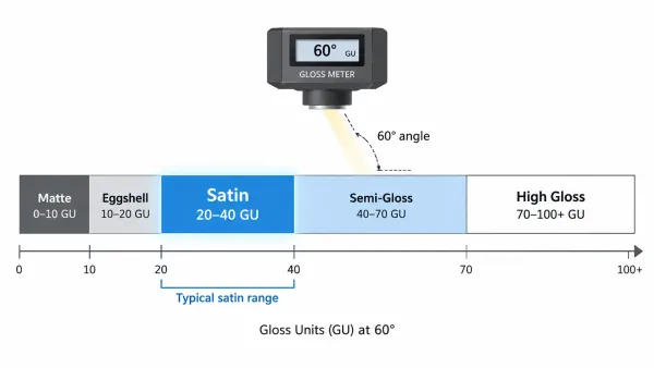Horizontal gloss unit scale from 0 to 100 GU showing matte, satin, semi-gloss, and high-gloss ranges with color bands