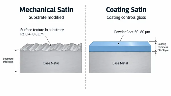 Cross-section diagram comparing mechanical satin finish on bare metal substrate versus coating satin finish with powder coat layer