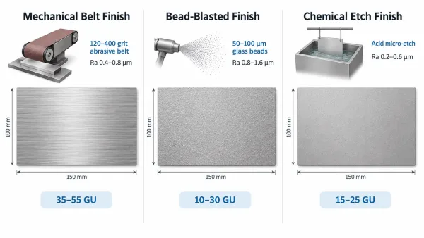 Side-by-side comparison of three satin finish methods: abrasive belt brushing, bead blasting, and chemical etching with surface texture illustrations