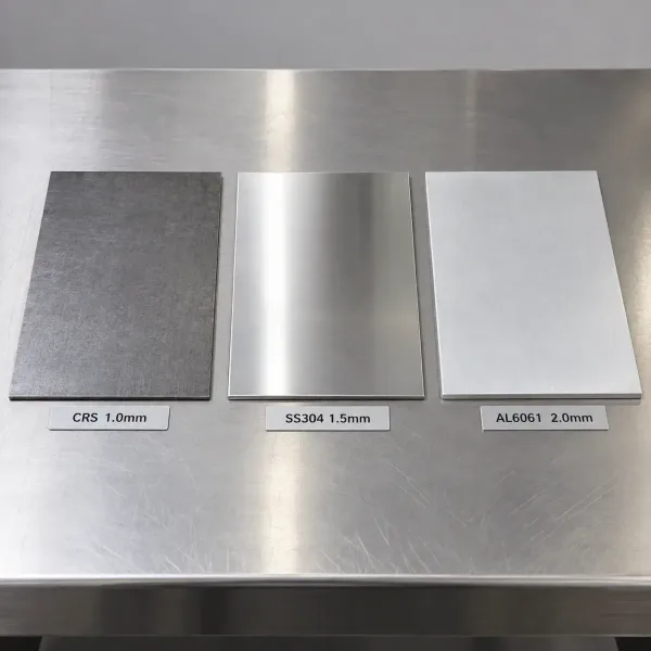 Three sheet metal samples showing mild steel, stainless steel, and aluminum with thickness specifications