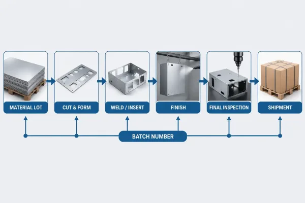 Sheet metal parts in a marked HOLD quarantine bin separate from released stock