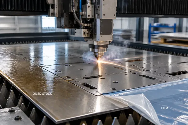 Laser cutting head over oiled sheet metal with film and smoke near the kerf