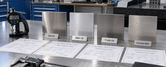 Sheet metal material samples with different grades, thicknesses, and certification documents displayed on a workbench