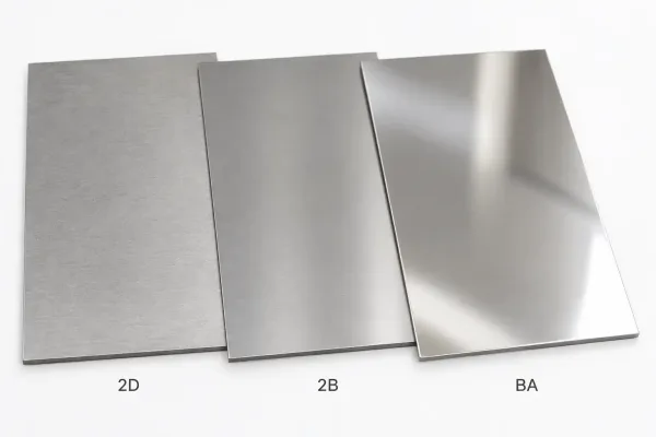 Comparison of stainless mill surface finishes 2D, 2B, and BA on cold-rolled sheets