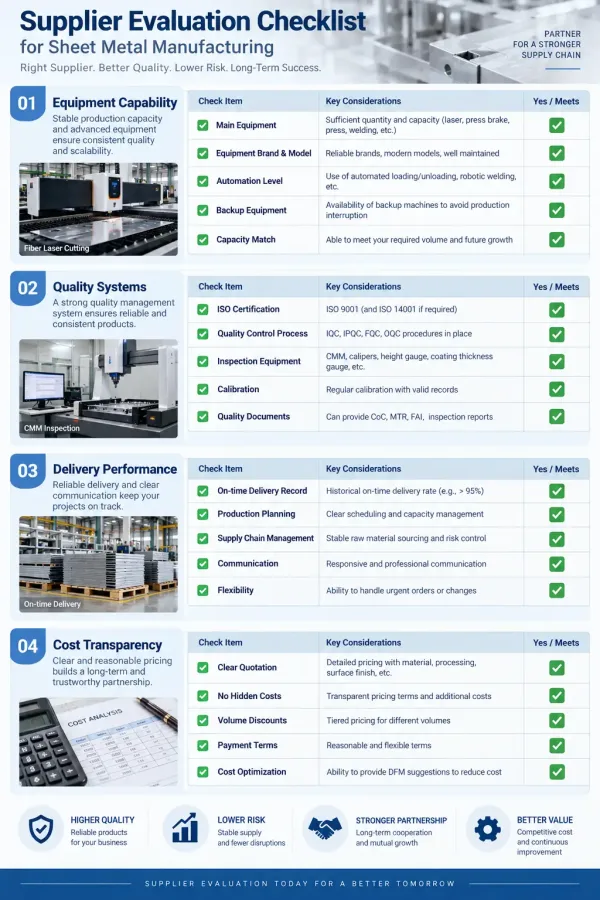 Supplier evaluation checklist showing key assessment categories for high-volume laser cutting